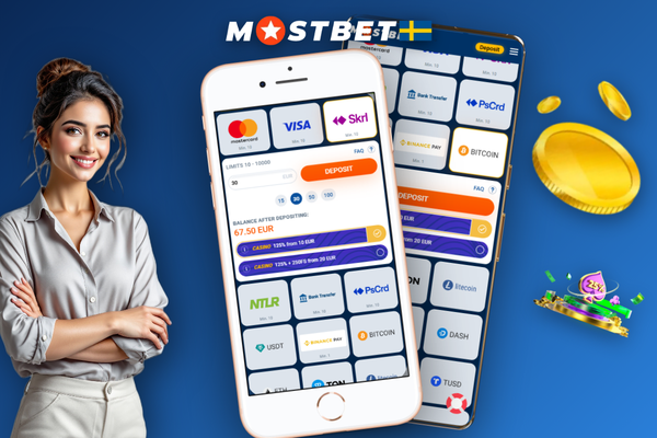 Flera valutor som SEK, EUR och USD cirkulerar runt Mostbet-kassan på mobilskärmen